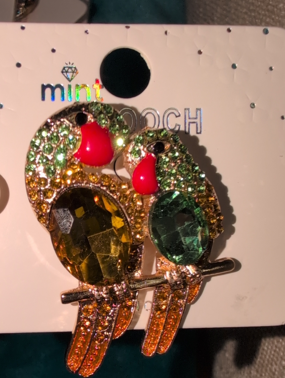 Mint Crystal Parrot Duo Pin in Green, Amber & Red